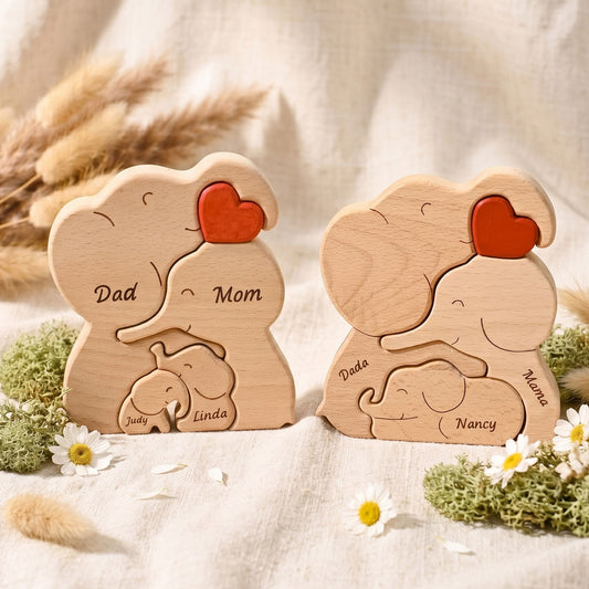 Family Elephant Wood Sculpture