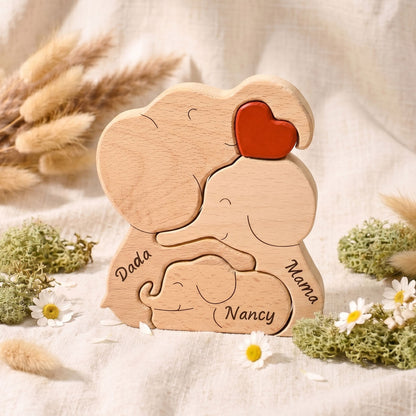 Family Elephant Wood Sculpture