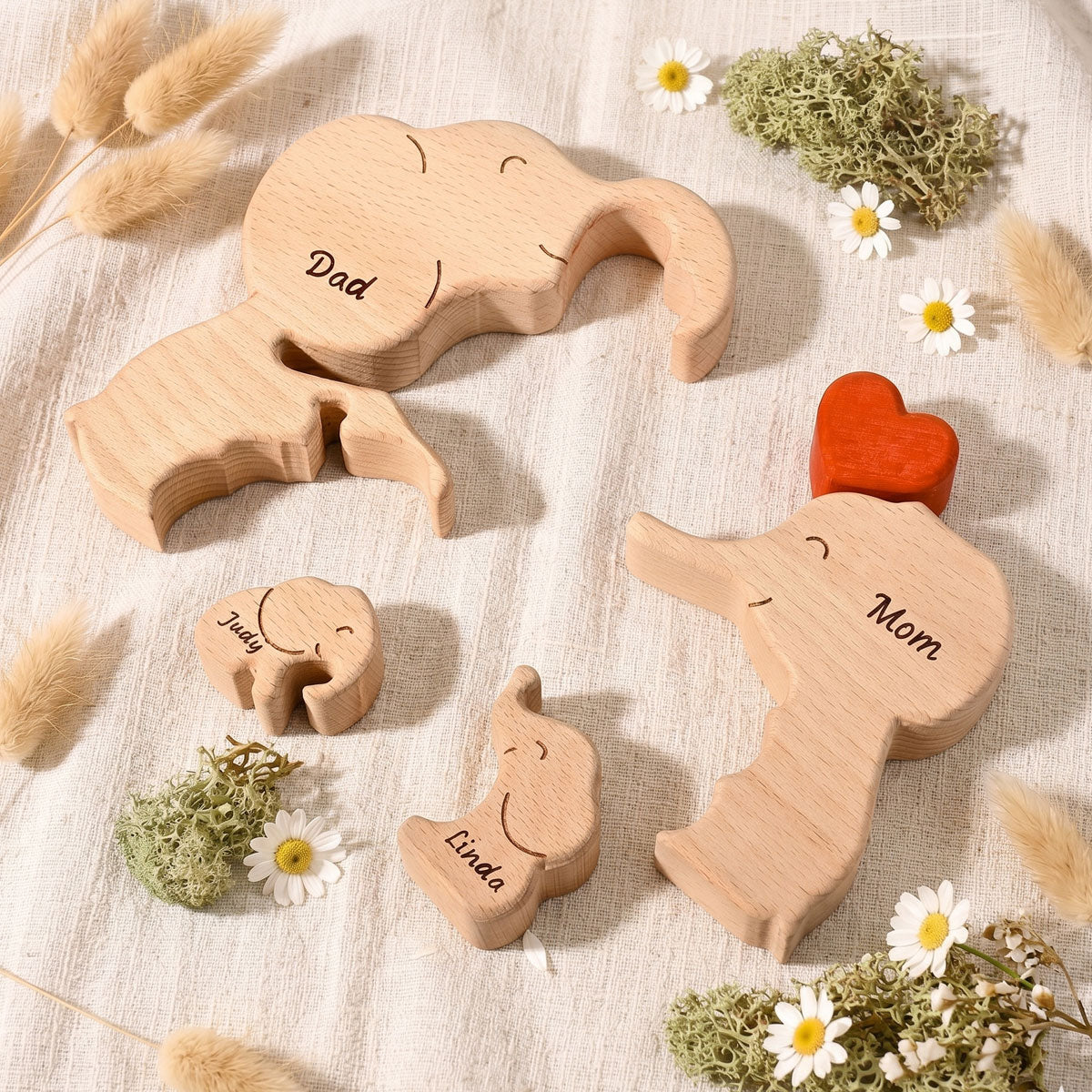 Family Elephant Wood Sculpture